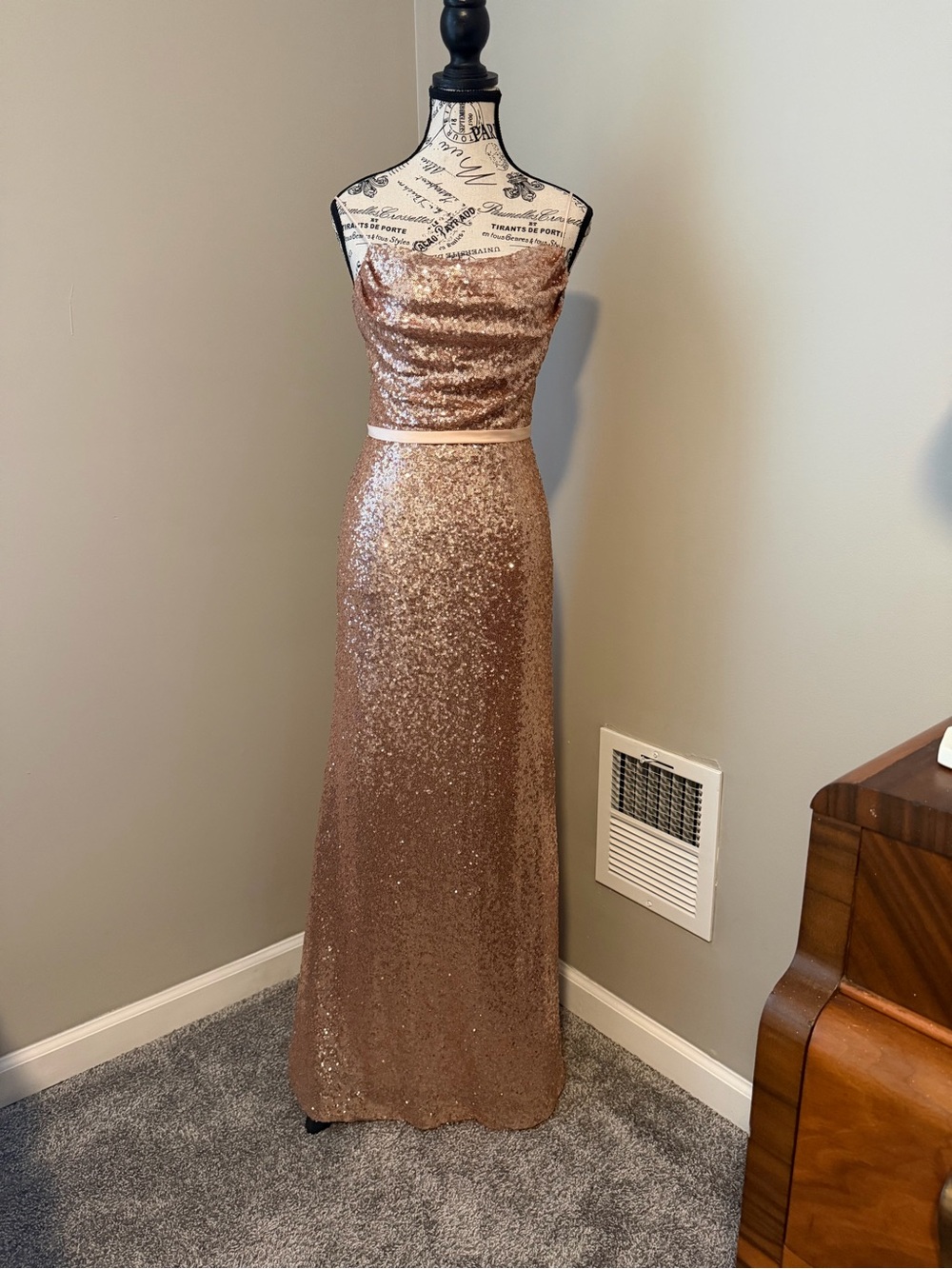 Christina Wu Rose Gold Sequin Strapless Evening Gown